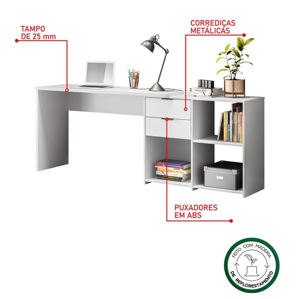 Imagem de Escrivaninha Mesa Computador Branca Reta ou em L 2 Gavetas Top NT2060 Notável 75x200x45