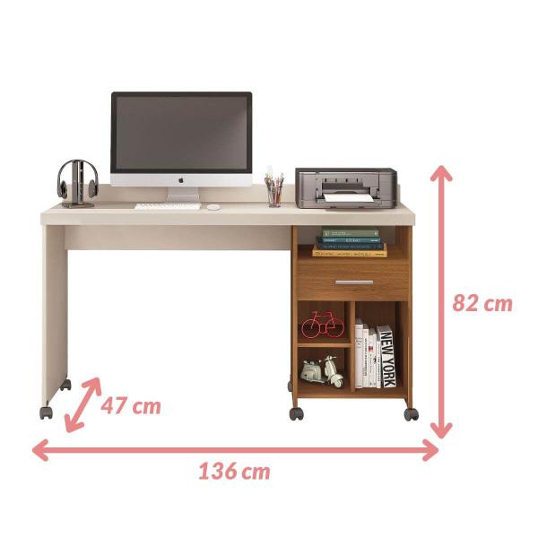 Imagem de Escrivaninha Mesa de Escritório Com 1 Gaveta 4 Nichos e Rodinhas Off White com Freijó - Slim - Giga Móveis