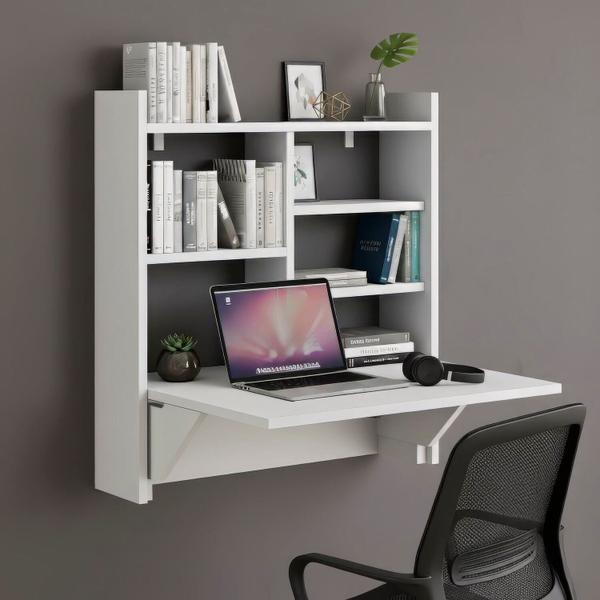 Escrivaninha Mesa Dobrável com Estante 63cm Branco
