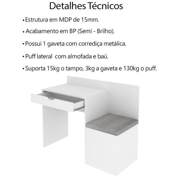 Imagem de Escrivaninha Mesa Puff 107,3 cm 1 Gaveta ME4168 Branco Tecno Mobili