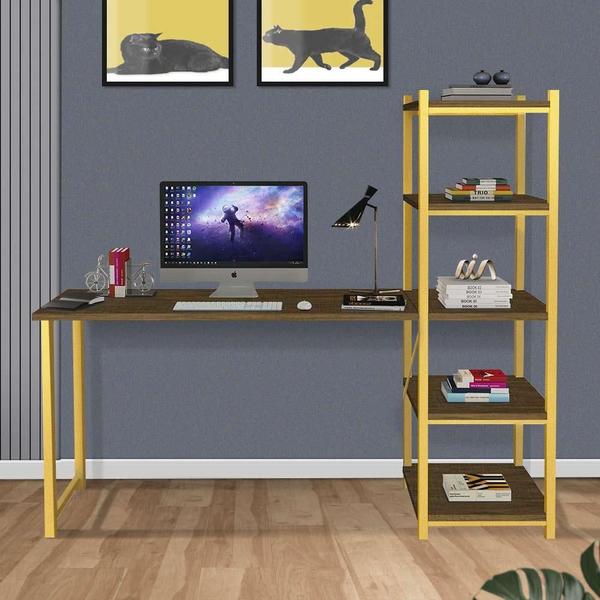 Imagem de Escrivaninha Para Quarto Em Aço Com Torre Imbuia Dourado Sett Shop JM