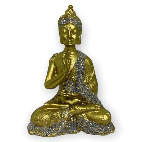 Imagem de Escultura Buda Tibetano Sentado Meditando 9 Cm Prata Dourado