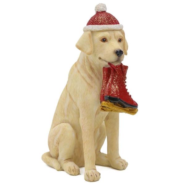 Imagem de Escultura cachorro creme decor natalino c bota e gorro 15cm