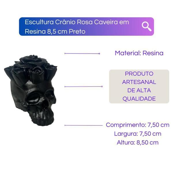 Imagem de Escultura Caveira Rosa em Resina 8,5cm Preto - Bialluz