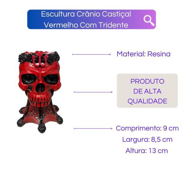 Imagem de Escultura Crânio Castiçal Vermelho Com Tridente 13 cm Resina