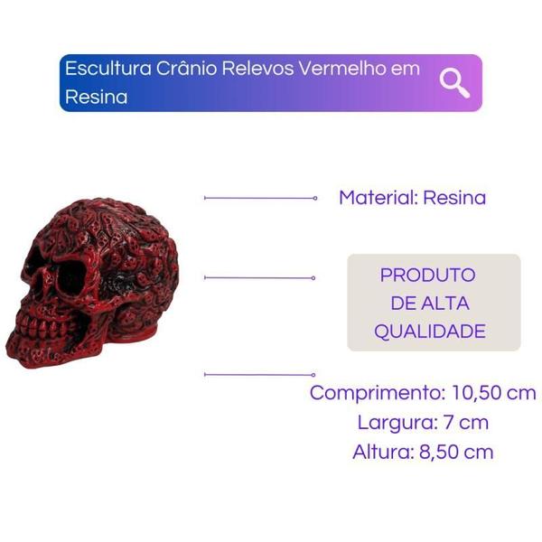 Imagem de Escultura Crânio Relevos Vermelho Em Resina