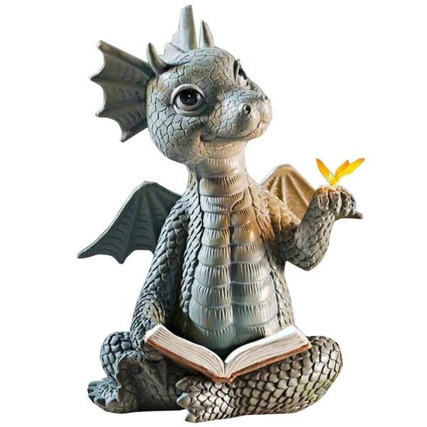 Imagem de Escultura de Dragão de Resina Fofa para Jardim - Decoração de Livro de Leitura