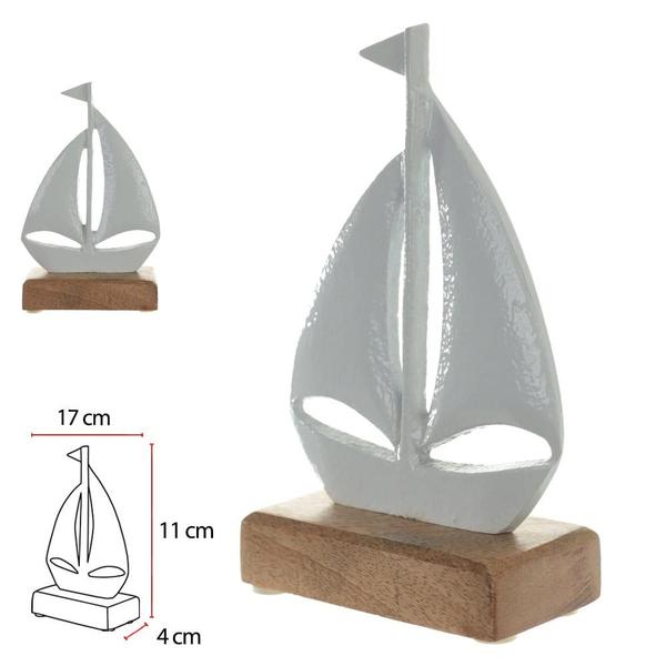 Imagem de ESCULTURA DECORATIVA BARCO EM METAL BRANCO BASE MADEIRA 17cm