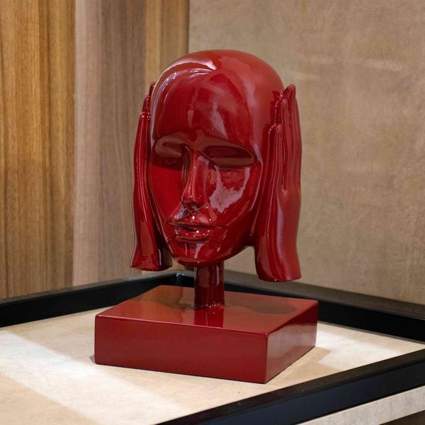 Imagem de Escultura Decorativa Máscara Surdo em Cerâmica Vermelho Ocre 25x15 cm - D'Rossi