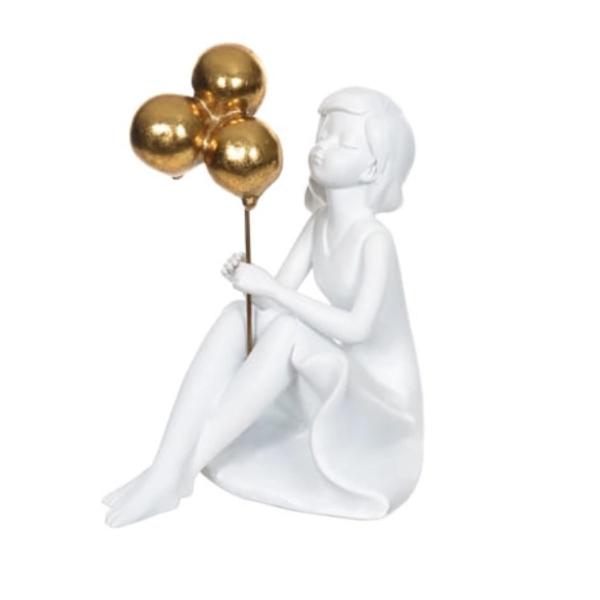 Imagem de Escultura Decorativa Menina Sentada com Balões em Poliresina Branco e Dourado 12x9 cm