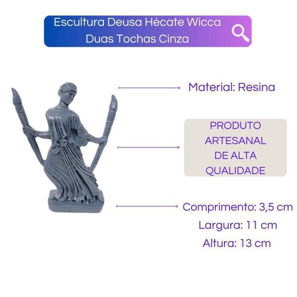 Imagem de Escultura Deusa Hécate Wicca Duas Tochas Cinza 13Cm Resina