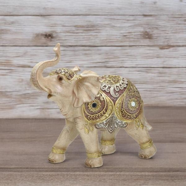 Imagem de Escultura elefante decorativo em resina bege e dourado 30cm