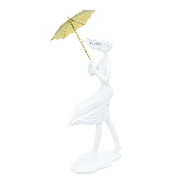 Imagem de Escultura em Resina Branca Mulher Com Guarda-chuva Dourado