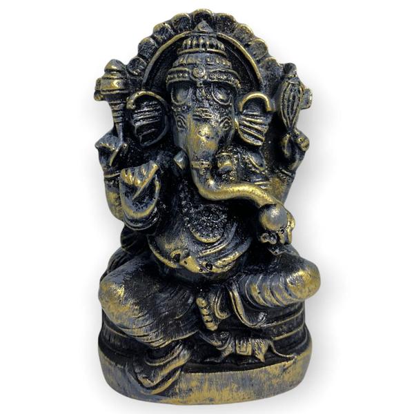 Imagem de Escultura Ganesh Meditando No Trono 9 Cm Dourado Envelhecido