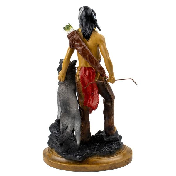 Imagem de Escultura Índio Xamã Caçador Com Lobo 30 cm em Resina