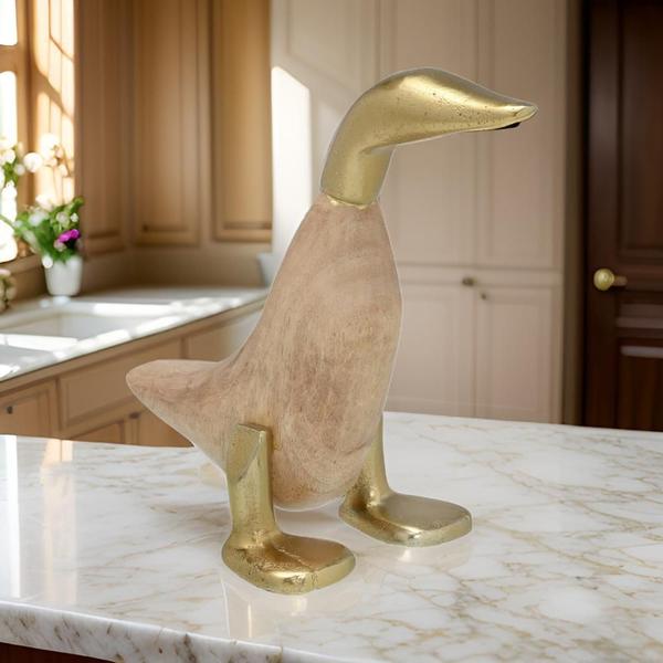 Imagem de ESCULTURA PATO DECOR EM ALUMINIO E MADEIRA DOUR/MAR 18,5cm