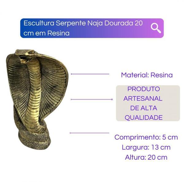 Imagem de Escultura Serpente Naja Dourada 20 Cm Em Resina