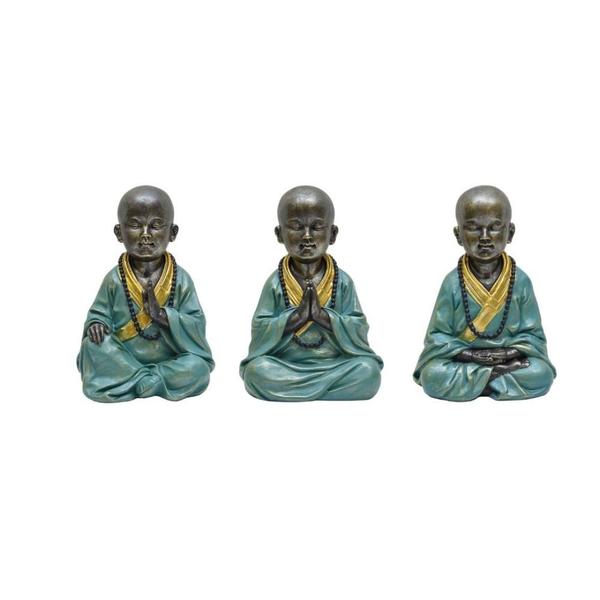 Imagem de ESCULTURA TRIO DE MONGES MEDITANDO RESINA VERDE E CINZA 18cm