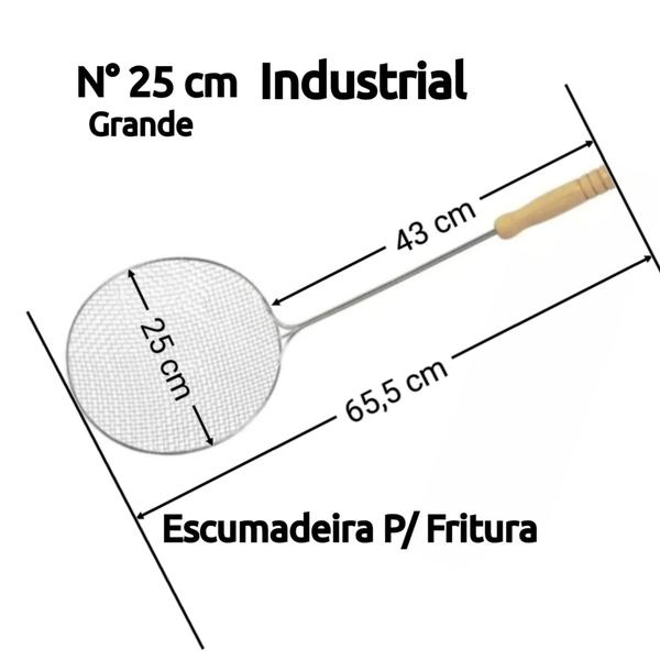 Imagem de Escumadeira 25cm Grande Aço Reforçado Fritura Pastel Salgado Cabo Madeira