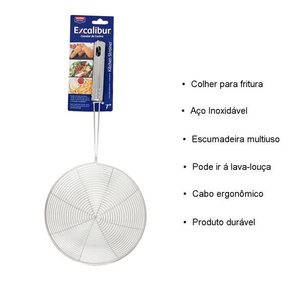 Imagem de Escumadeira 7 polegadas Peneira para Fritura Escorredor Alimentos Cozinha Preparação Servir Fritar Escoar Aço Inox 17cm 