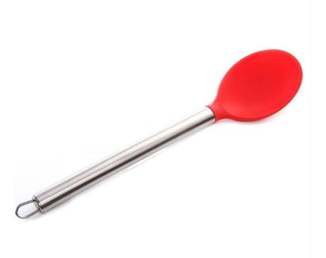 Imagem de Escumadeira De Cozinha Em Silicone Maciço Cabo inox vermelho