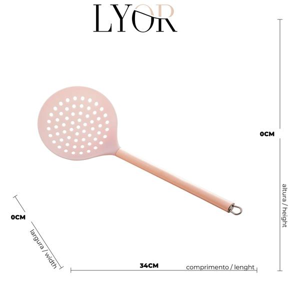 Imagem de Escumadeira de nylon rosa com cabo de aço inox rose 34cm lyor