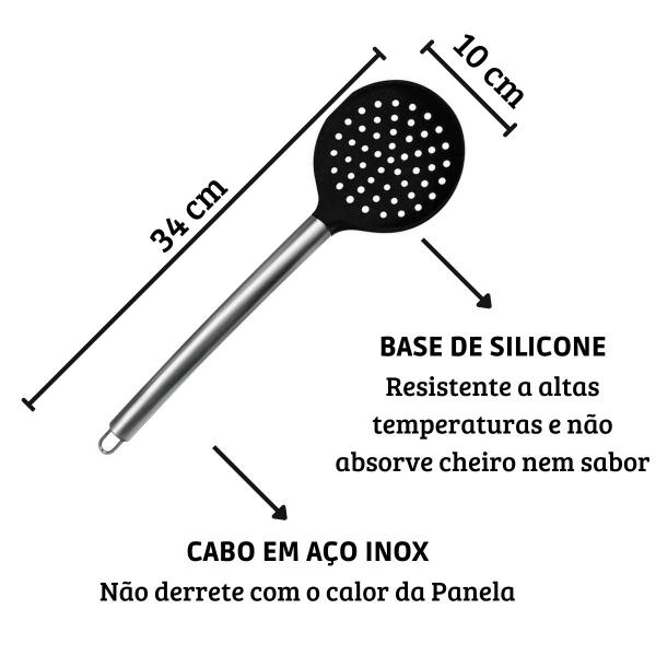 Imagem de Escumadeira Em Silicone Vazada Com Cabo Inox Preto 34cm