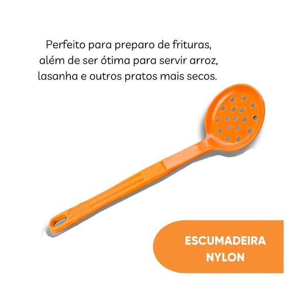 Imagem de Escumadeira Talher Em Nylon Cozinha Utensílio Laranja 28Cm