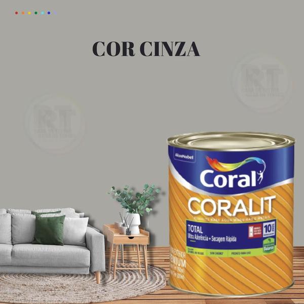 Imagem de Esmalte Sintético Base Água Coral Coralit 800ml Cor Cinza Brilhante p/Madeiras e Metais e Pintura em Artesanato de MDF