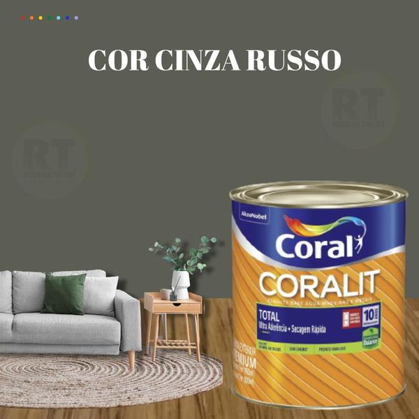 Imagem de Esmalte Sintético Base Água Coral Coralit 800ml Cor Cinza Brilhante p/Madeiras e Metais e Pintura em Artesanato de MDF