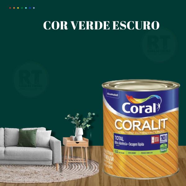 Imagem de Esmalte Sintético Base Água Coral Coralit 800ml Tinta Cor Verde Acetinado p/Madeiras e Metais e Pintura em Artesanato de MDF.