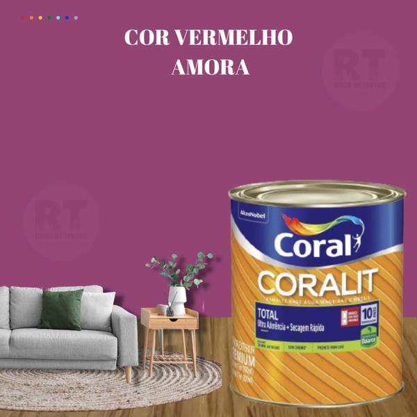 Imagem de Esmalte Sintético Base Água Coral Coralit 800ml Tinta Cor Vermelho Acetinado p/Madeiras e Metais e Pintura em Artesanato de MDF