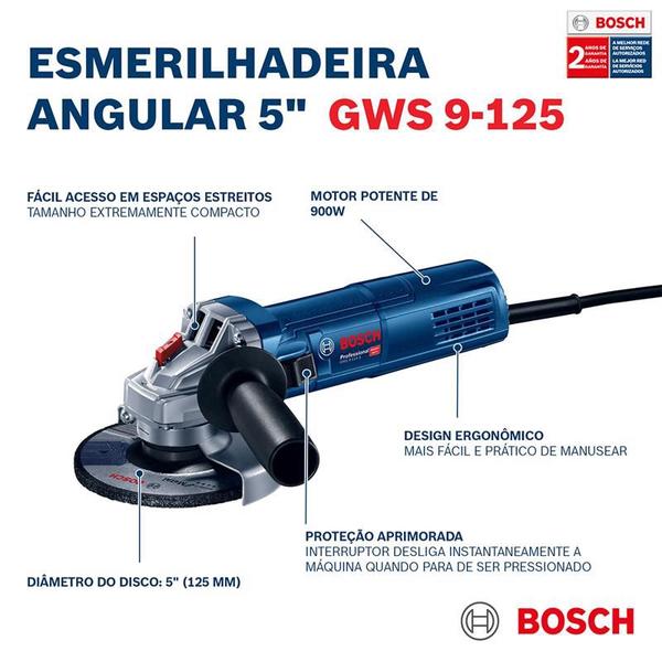 Imagem de Esmerilhadeira Angular de 5'' Bosch GWS 9-125 900W 220V