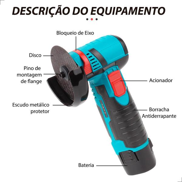 Imagem de Esmerilhadeira Lixadeira Angular Sem Fio Portátil Corte Desbaste 2 Baterias 12v