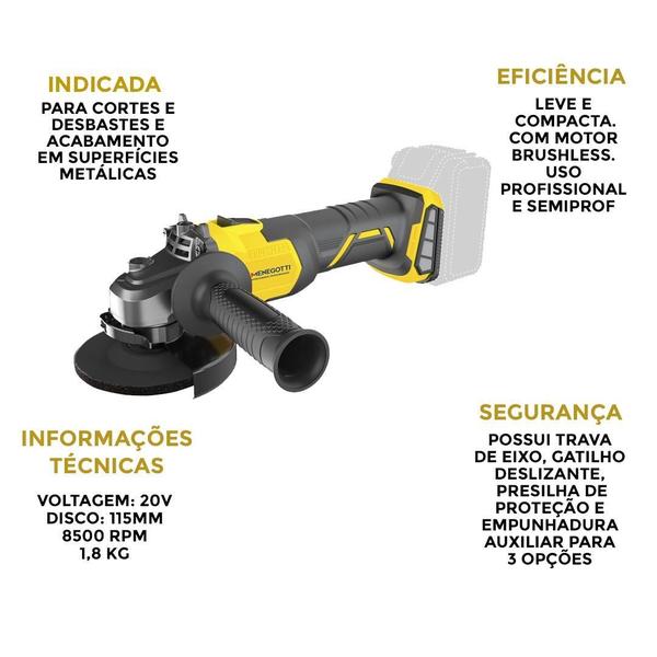 Imagem de Esmerilhadeira Menegotti 115Mm Mei-21 20V + Bateria E Carreg