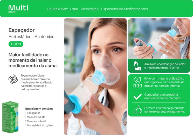 Imagem de Espaçador De Medicamento Bombinha Asma Infantil e Adulto Com 2 Mascaras HC178 Multilaser