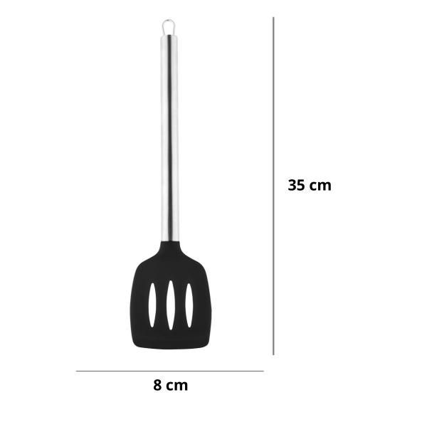 Imagem de Espátula Fritura Cozinha Vazada Silicone Cabo Inox 35 Cm Preta