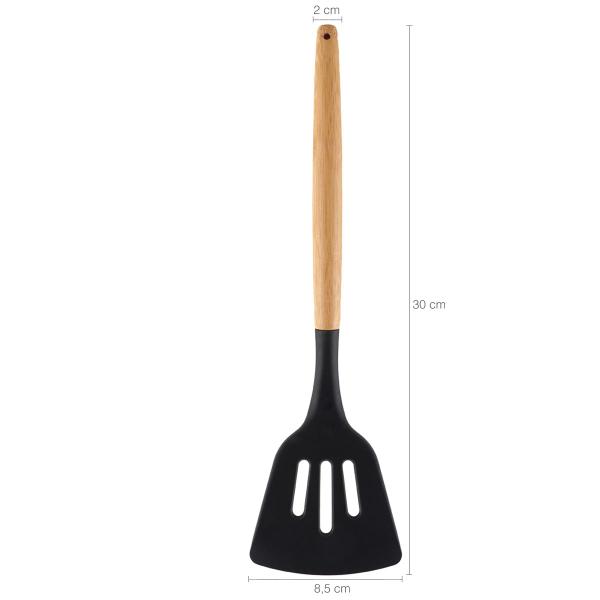 Imagem de Espátula Vazada De Silicone Preto Com Cabo De Bambu Utensílio De Cozinha Espátula Reta Yoi