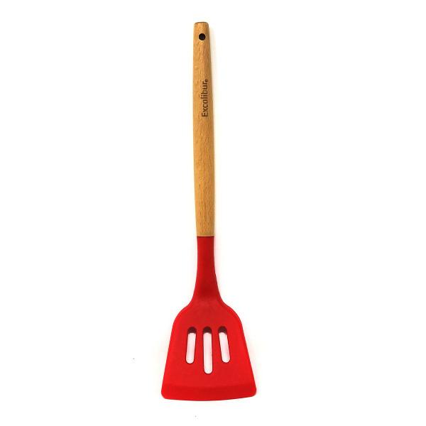 Imagem de Espátula Vazada Escumadeira Silicone Cabo Madeira Colher Utensílio Cozinha Servir Fritar Escoar Escorrer Alimentos Presente Excalibur 32 cm