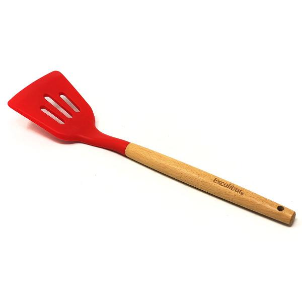 Imagem de Espátula Vazada Escumadeira Silicone Cabo Madeira Colher Utensílio Cozinha Servir Fritar Escoar Escorrer Alimentos Presente Excalibur 32 cm