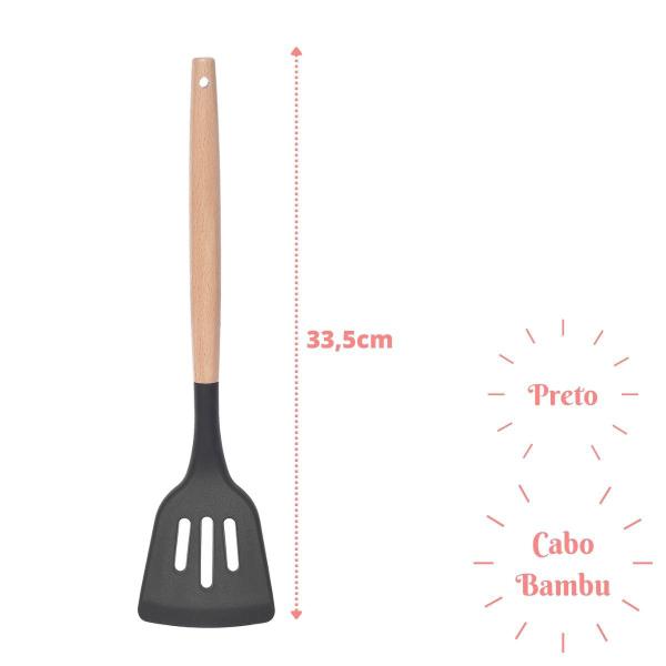 Imagem de Espatula Vazada Preto Silicone Fritura Cabo Bambu - 4un