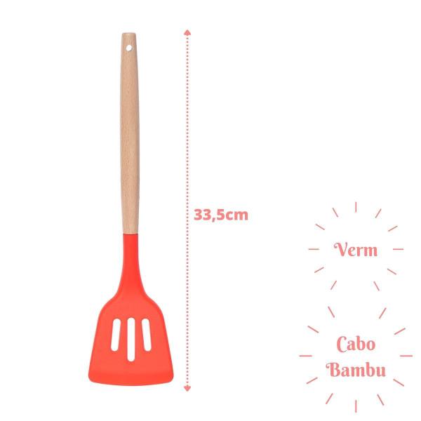 Imagem de Espatula Vermelho Vazada Silicone Cabo Bambu Multiuso