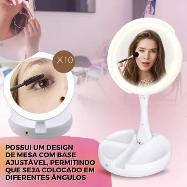 Espelhinho Luz Led Iluminador Mesa Maquiagem Portátil Aumento - Laves Imagem de Espelhinho Luz Led Iluminador Mesa Maquiagem Portátil Aumento