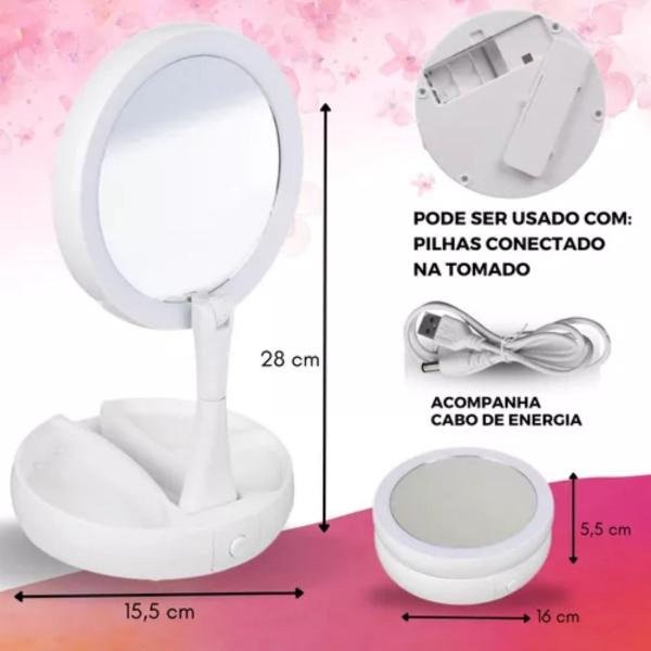 Espelhinho Luz Led Iluminador Mesa Maquiagem Portátil Aumento - Laves Imagem de Espelhinho Luz Led Iluminador Mesa Maquiagem Portátil Aumento