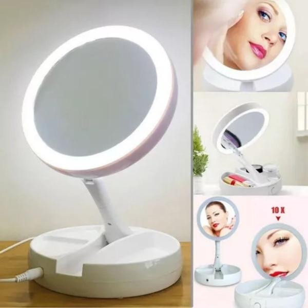 Espelhinho Luz Led Iluminador Mesa Maquiagem Portátil Aumento - Laves Imagem de Espelhinho Luz Led Iluminador Mesa Maquiagem Portátil Aumento