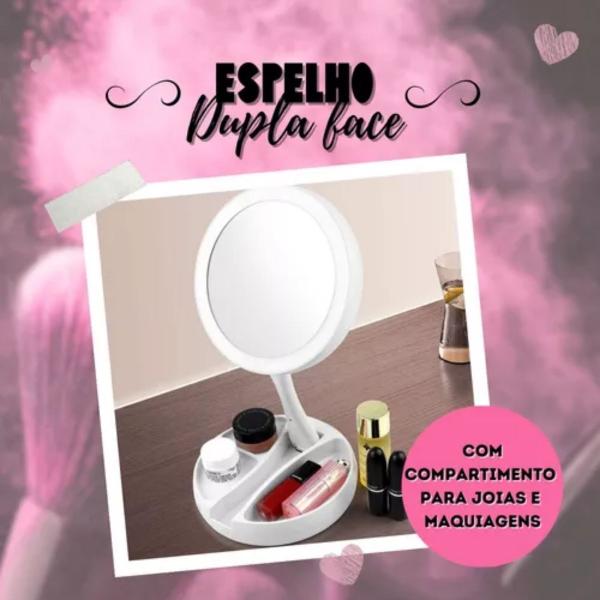 Espelhinho Luz Led Iluminador Mesa Maquiagem Portátil Aumento - Laves Imagem de Espelhinho Luz Led Iluminador Mesa Maquiagem Portátil Aumento
