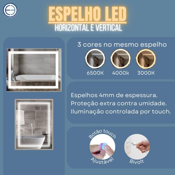 Imagem de Espelho 90 X 90 LED 3 cores temperaturas frio neutro e quente banheiro quadrado grande 900x900