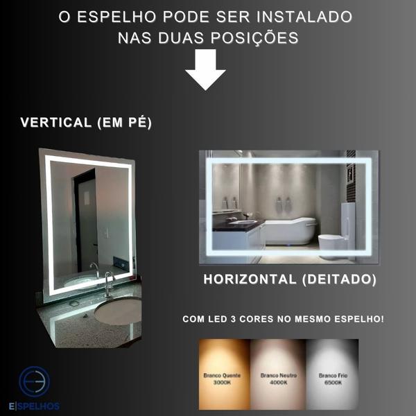 Imagem de Espelho 90x90 cm c/ desembaçador LED 3 cores no mesmo espelho temperaturas frio neutro e quente banheiro