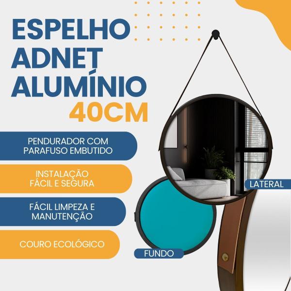 Imagem de Espelho Adnet Alumínio 40cm com Alça e Suporte para Banheiro Sala Quarto Escritório