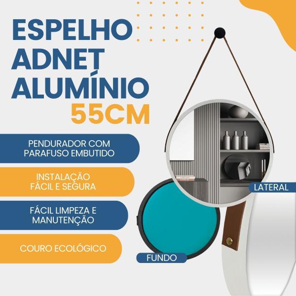 Imagem de Espelho Adnet Alumínio 55cm com Alça e Suporte para Banheiro Sala Quarto Escritório